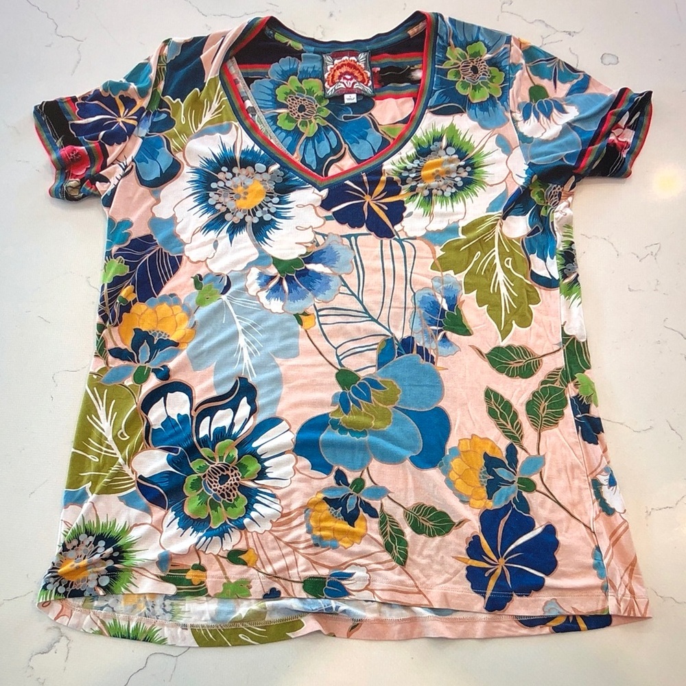 Johnny Was Pink Floral V-Neck Short Sleeve Tee with Blue, Green & Yellow Flowers
